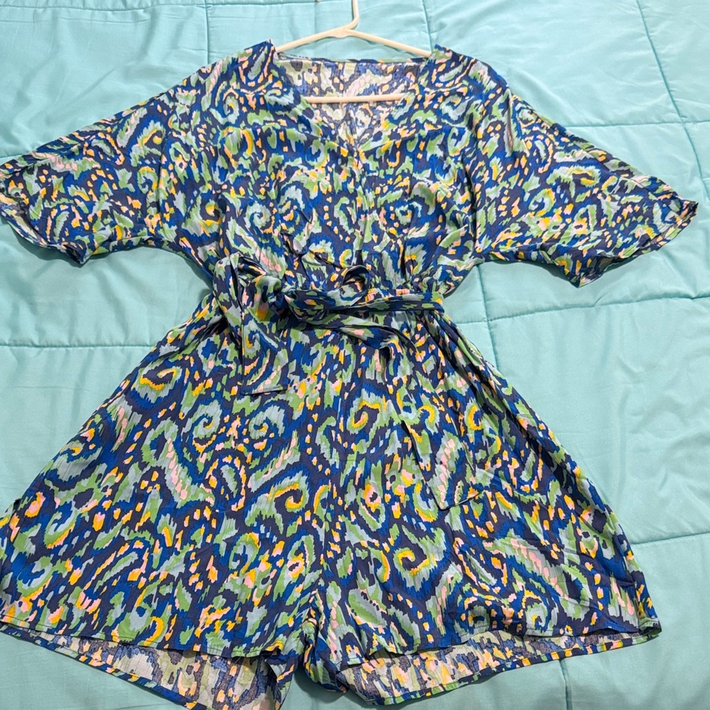 Vibrant Blue Multicolor Printed Romper with Tie Waist